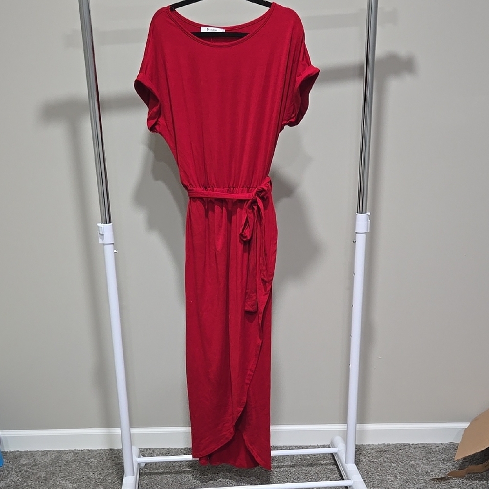 XL Yidarton Red High Low Belted Short Sleeved Women's Dress